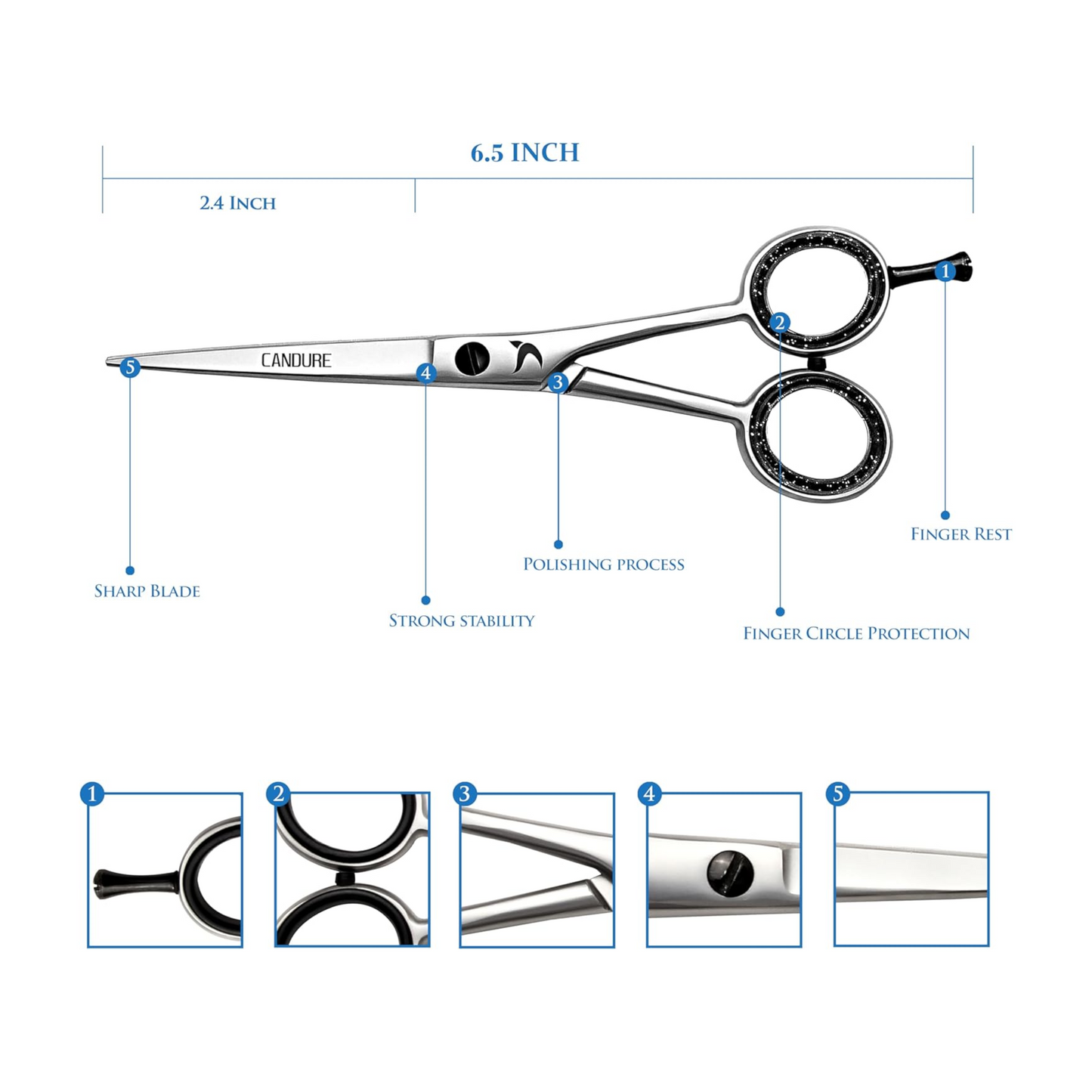 Candure Hairdressing Barber Hair Scissor for Professional 6.5 inch Hairdressers Barbers Stainless Steel Hair Cutting Shears - for Salon Barbers, Men, Women, Children and Adults (Japanese, 6.5")