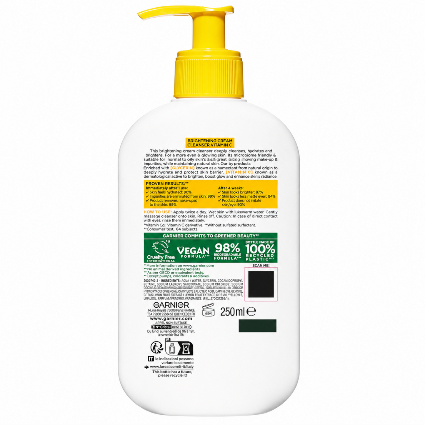 Garnier Vitamin C Brightening Cream Cleanser, Removes Make-up and Impurities, Hydrates and Brightens for Even Glowing Skin, for Dull and Uneven Skin, Dermatologically Tested, Cruelty free, 250ml