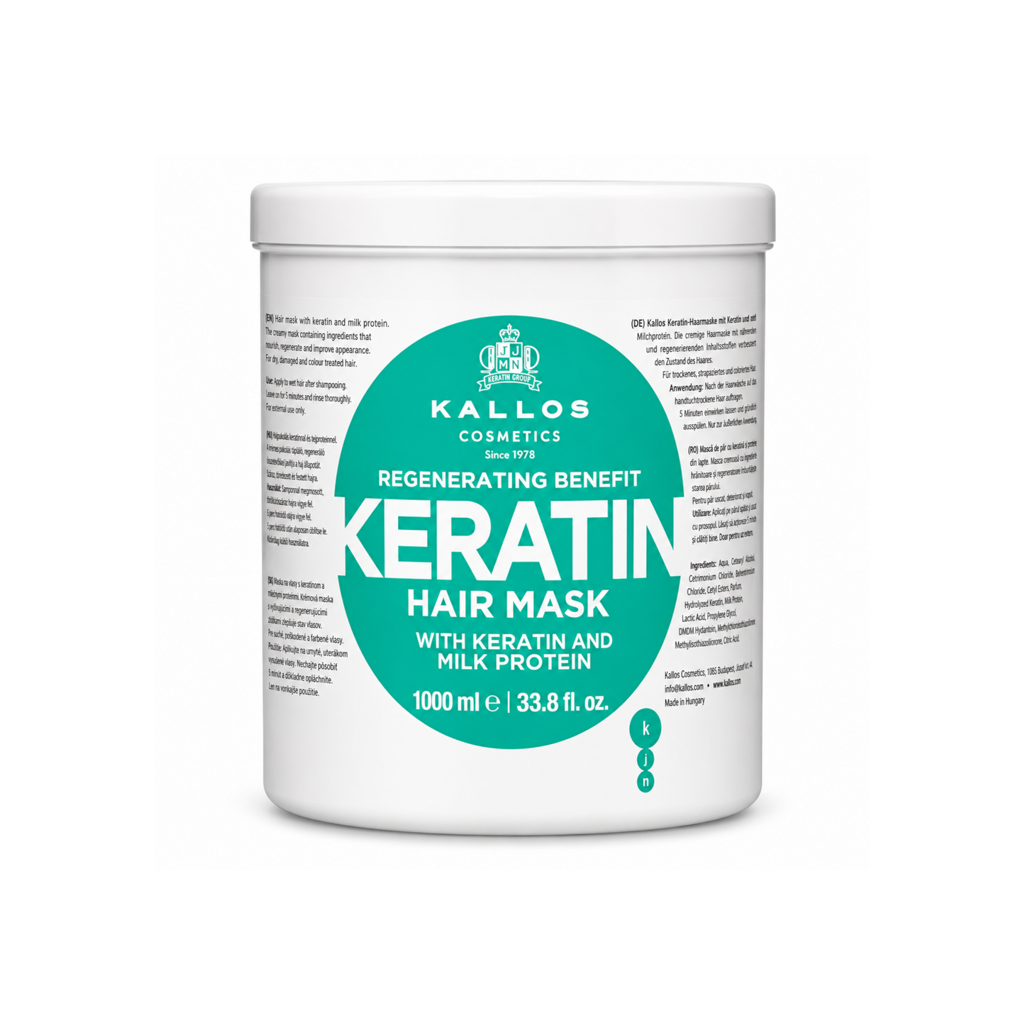 Kallos Cosmetics KJMN Keratin Hair Mask for Dry, Damaged and Chemically Treated Hair, Nourishes and Helps Rebuild Natural Structure, Enhances Shine and Texture with Milk Protein 1L