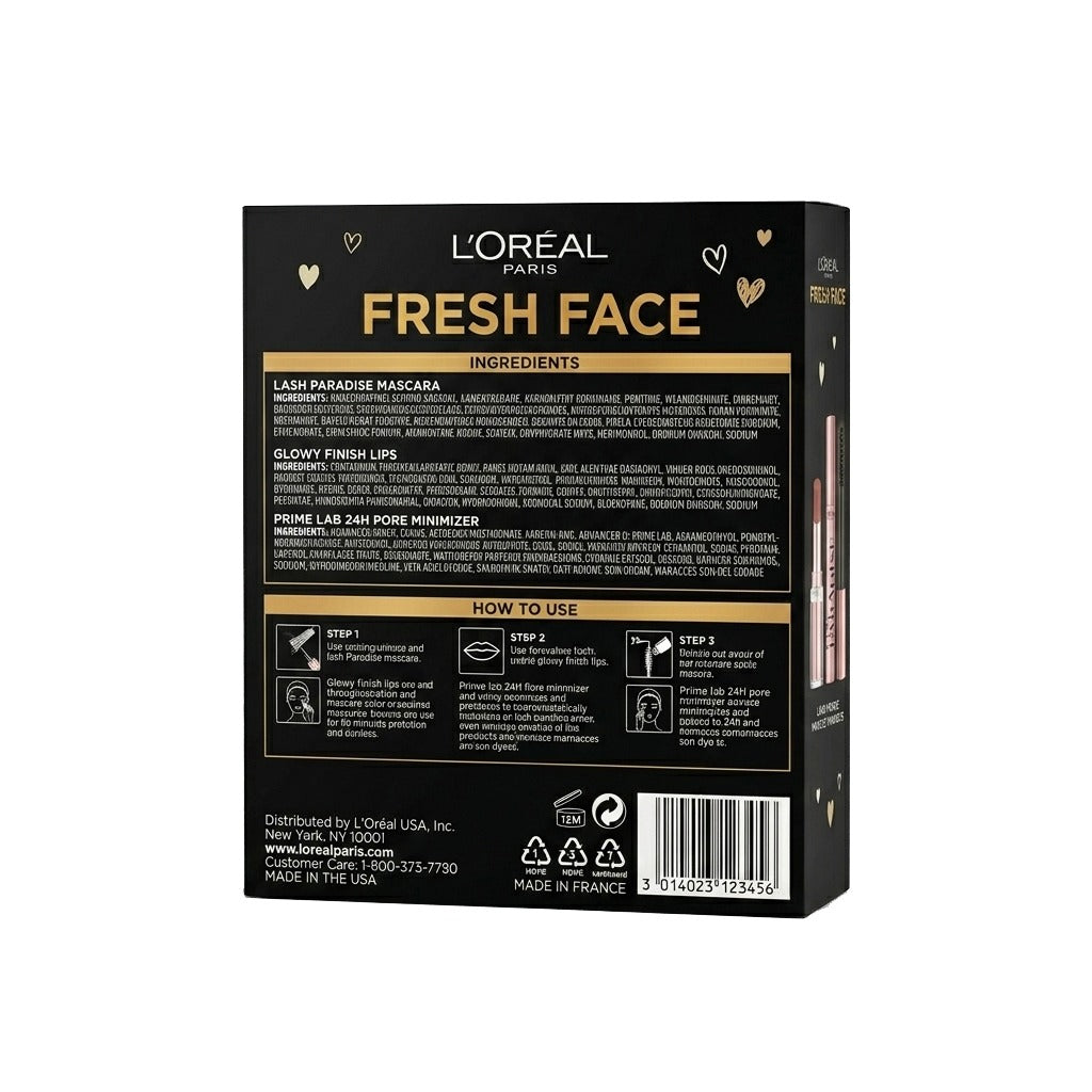 L'Oréal Paris Fresh Face Primer, Lipstick, Prime Labo Mascara Trio Set Prime Labo 24H Pore Minimizer Primer, Lipstick Color Moisturizing Balm 191 Nude Heaven & Lash Paradise Mascara, Enriched with Castor Oil