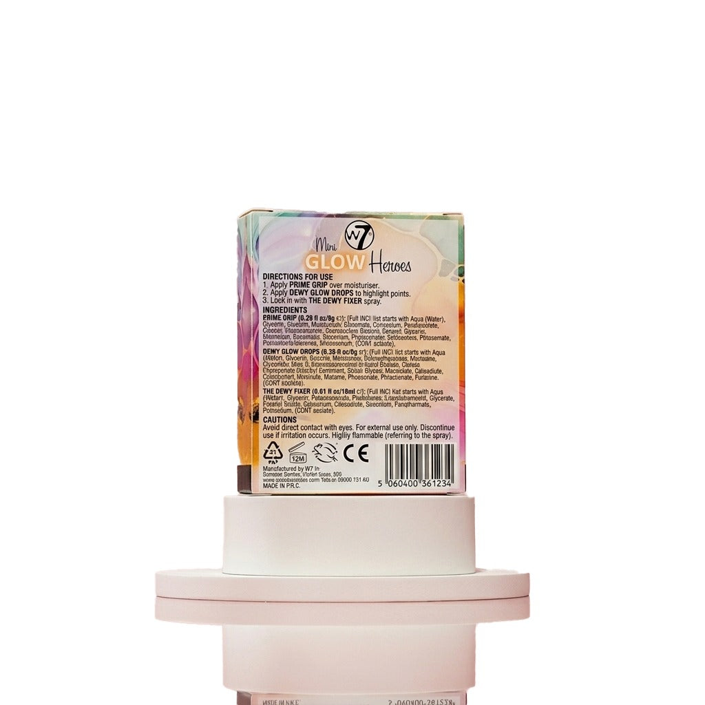 W7 Mini Glow Heroes Gift Set - Travel Size Makeup Minis with Primer, Glow Drops & Setting Spray - Stocking Filler
