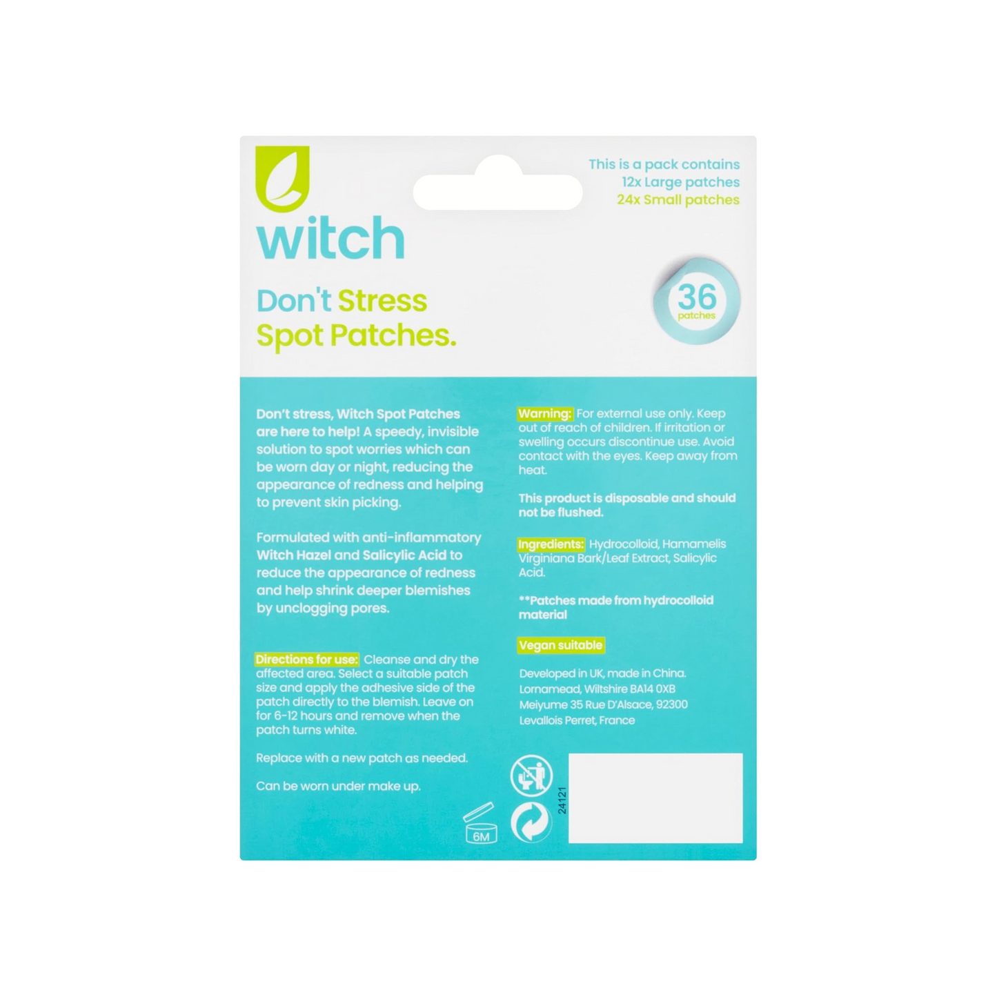 Witch Spot Patches - with Hydrocolloid; Salicylic Acid and Calming Witch Hazel to Promote Healing - Fast Acting - for Day and Night - 24 Medium - 12 Small Patches