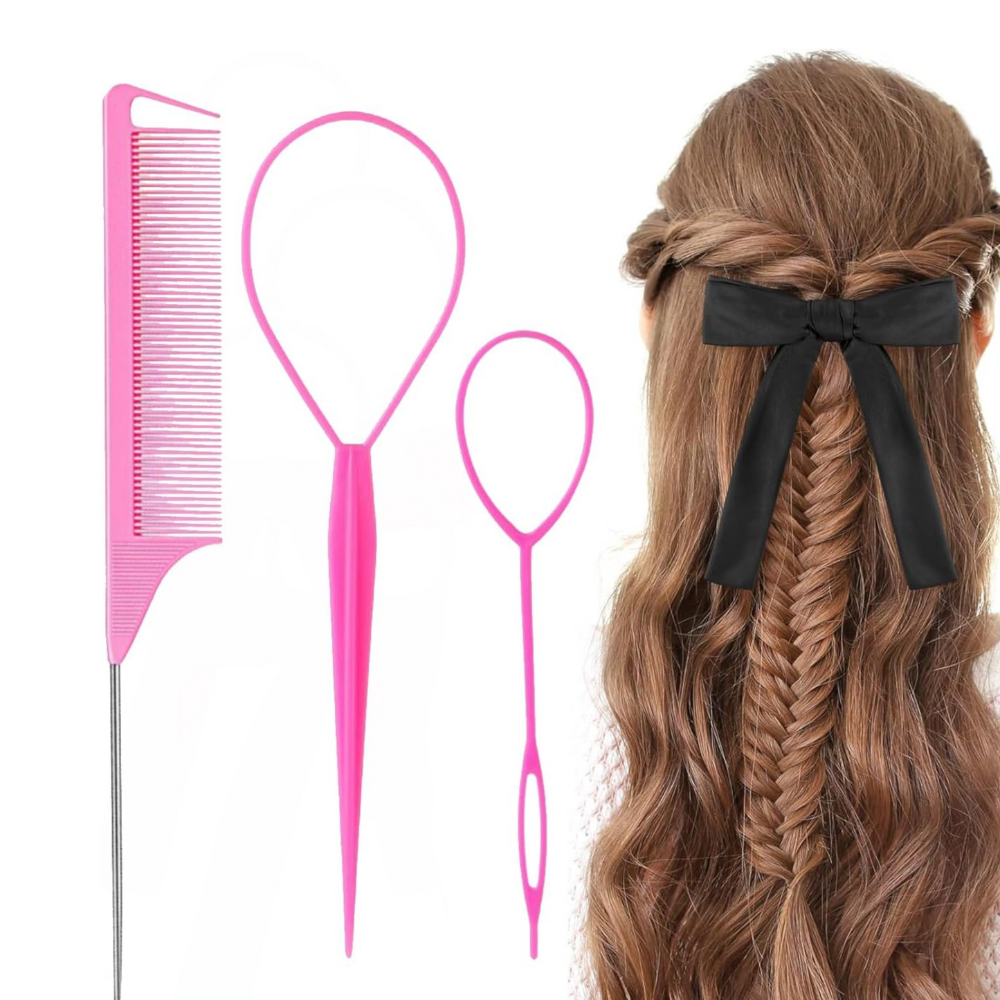 Topsy Tail Hair Tool, MORGLES French Braid Loop Tool with Rat Tail Comb, Pink