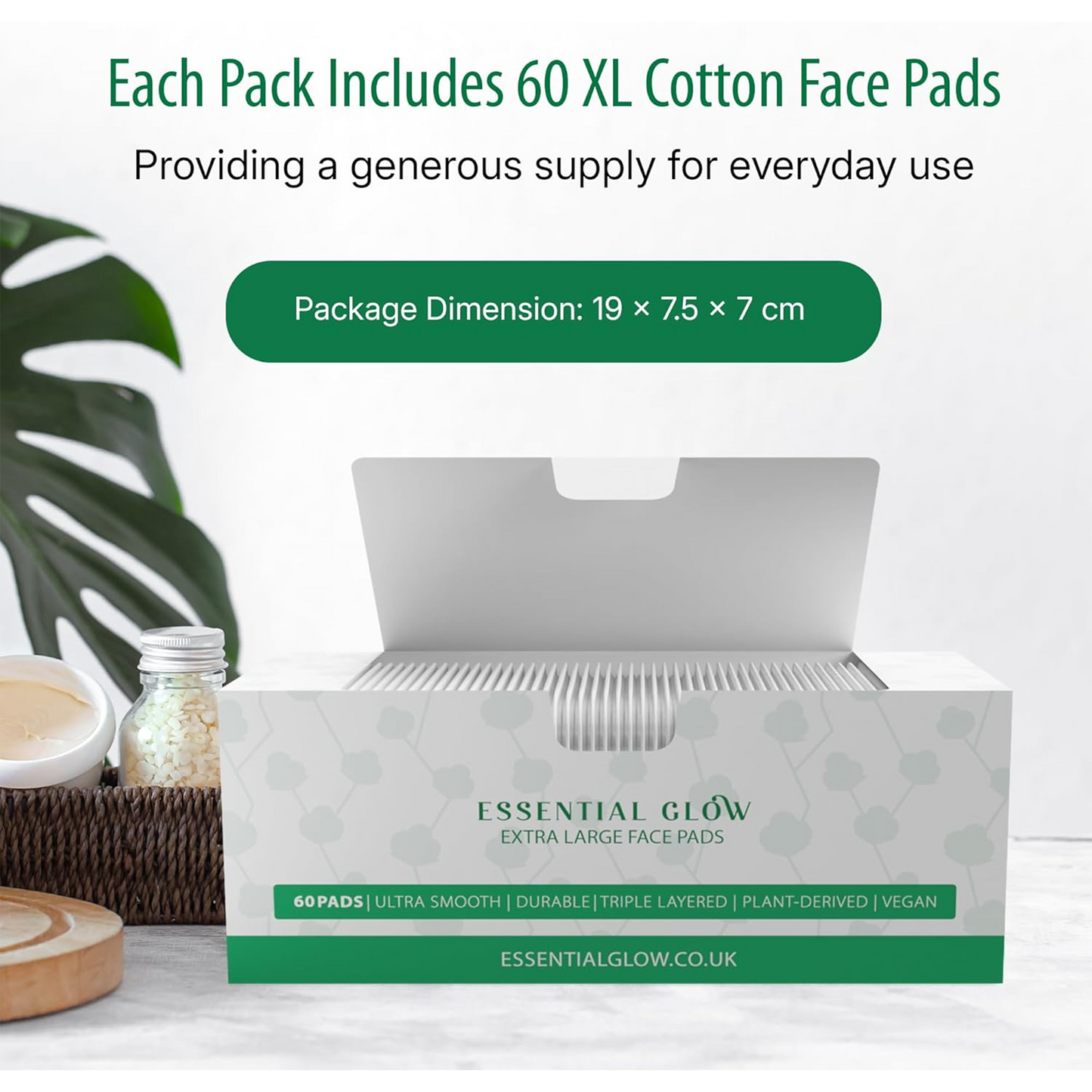 60 XL Face Cotton Pads for Adults and Babies – Triple Layered - Lint Free - Large Premium Organic Square Cotton Wool Pads – Makeup Remover, Cleansing, Exfoliating, Skincare - Pack of 1