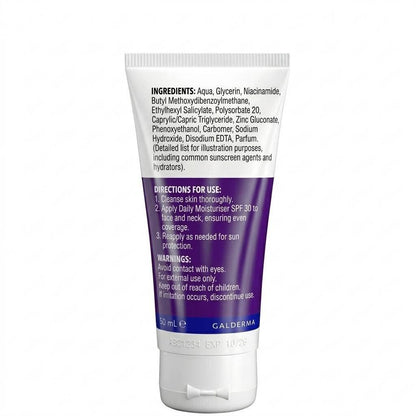 Tube of Galderma sunscreen with ingredients and directions for use listed on a white background