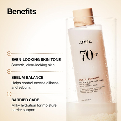 Anua Rice 70 Glow Milky Toner, Glass & Dewy Skin, Hydrating & Barrier Care, Rice Water, Niacinamide, Ceramides, All Skin Types, Fragrance-Free, Non Comedogenic, Korean Skincare, 8.45 fl.oz