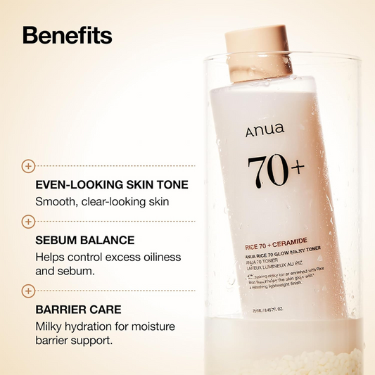 Anua Rice 70 Glow Milky Toner, Glass & Dewy Skin, Hydrating & Barrier Care, Rice Water, Niacinamide, Ceramides, All Skin Types, Fragrance-Free, Non Comedogenic, Korean Skincare, 8.45 fl.oz