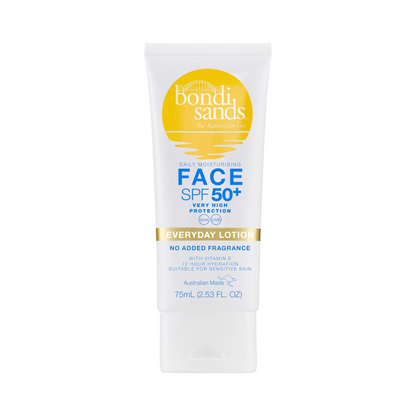 Bondi Sands Fragrance Free Face Sunscreen Lotion SPF 50+ | Gentle Formula Moisturises + Provides Broad-Spectrum Protection, Enriched with Aloe Vera and Vitamin E, Cruelty Free | 75 mL/2.53 Oz