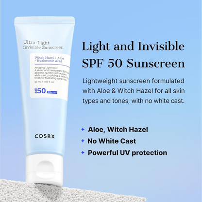 COSRX Ultra-Light Invisible Sunscreen SPF 50 Face Moisturiser, PA++++ Korean Sunscreen, Non Oily Sun Cream, UVA/UVB Protection, Daily Hydrating Sun Lotion, No White Cast 50ml