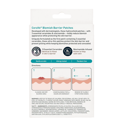 CeraVe Blemish Barrier Patches With 3 Essential Ceramides, Niacinamide, Hydrocolloid Patches, Ultra-Thin Invisible, For Blemishes, Sensitive Skin Suitable, Hypoallergenic, Non-Comedogenic, 22 Pack