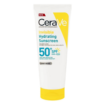 CeraVe Invisible Hydrating Sunscreen SPF 50+, Broad Spectrum UVB UVA Protection, With 3 Essential Ceramides, MVE Technology, Body and Face, For Sensitive Skin, Kids & Adults, Water Resistant, 75ml