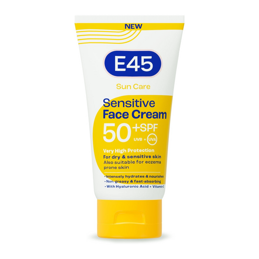 E45 SPF 50+ Sensitive Sun Cream for Face 50ml | Hyaluronic Acid Sunscreen | UVA & UVB Protection | Fragrance-Free | Dermatologically Tested | Suitable for Dry, Sensitive & Eczema-Prone Skin