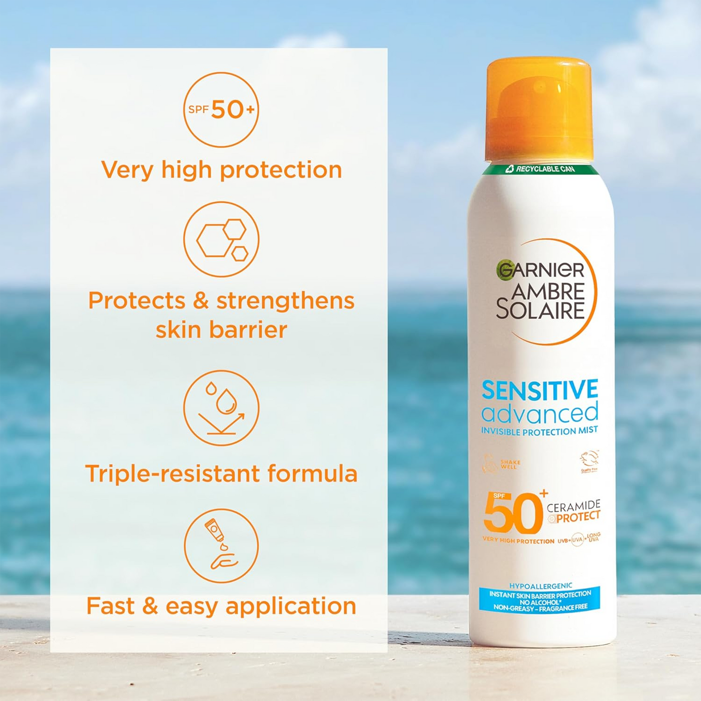 Garnier Ambre Solaire SPF 50+ Sensitive Advanced Dry Mist Sun Cream Spray 150ml | Fragrance-Free Sunscreen | Water Resistant | UVA & UVB Protection | Non-Greasy Formula