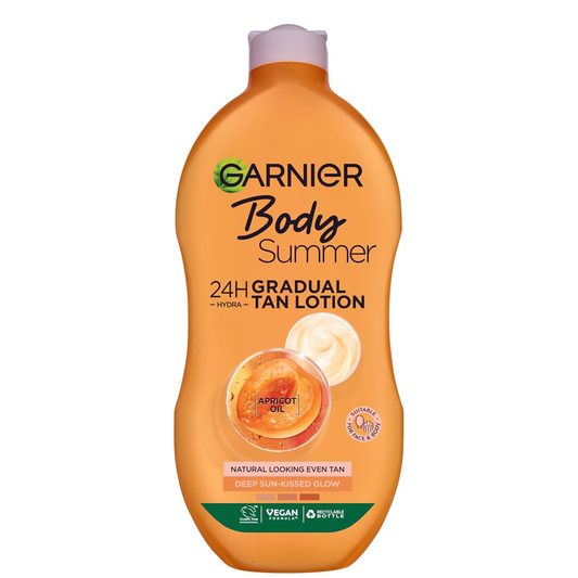 Garnier Summer Body Deep Gradual Tan Moisturiser 400ml | Face & Body Self-Tanning Lotion | 24Hr Hydration | Natural Sun-Kissed Glow | Fast-Absorbing Vegan Formula