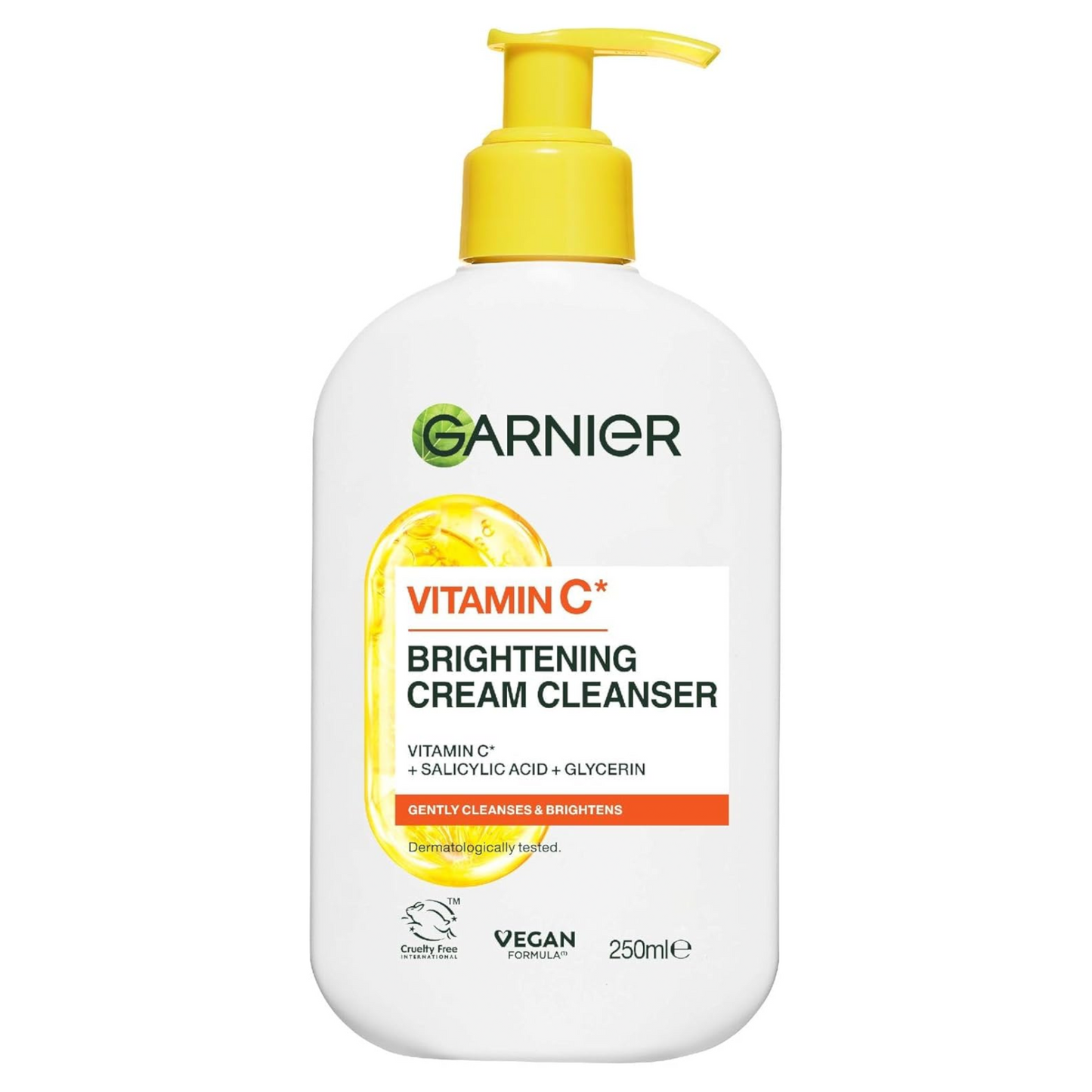 Garnier Vitamin C Brightening Cream Cleanser, Removes Make-up and Impurities, Hydrates and Brightens for Even Glowing Skin, for Dull and Uneven Skin, Dermatologically Tested, Cruelty free, 250ml