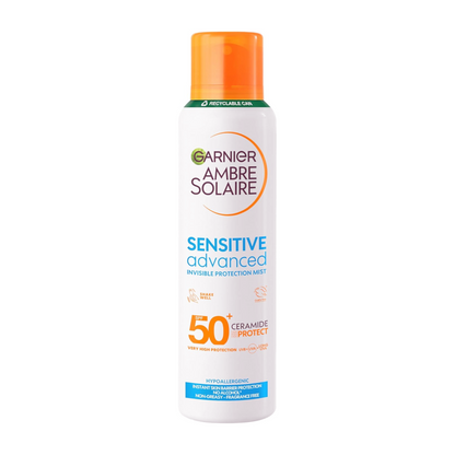 Garnier Ambre Solaire SPF 50+ Sensitive Advanced Dry Mist Sun Cream Spray 150ml | Fragrance-Free Sunscreen | Water Resistant | UVA & UVB Protection | Non-Greasy Formula