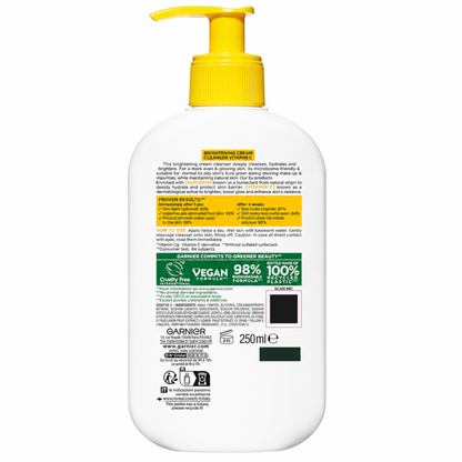 Garnier Vitamin C Brightening Cream Cleanser, Removes Make-up and Impurities, Hydrates and Brightens for Even Glowing Skin, for Dull and Uneven Skin, Dermatologically Tested, Cruelty free, 250ml