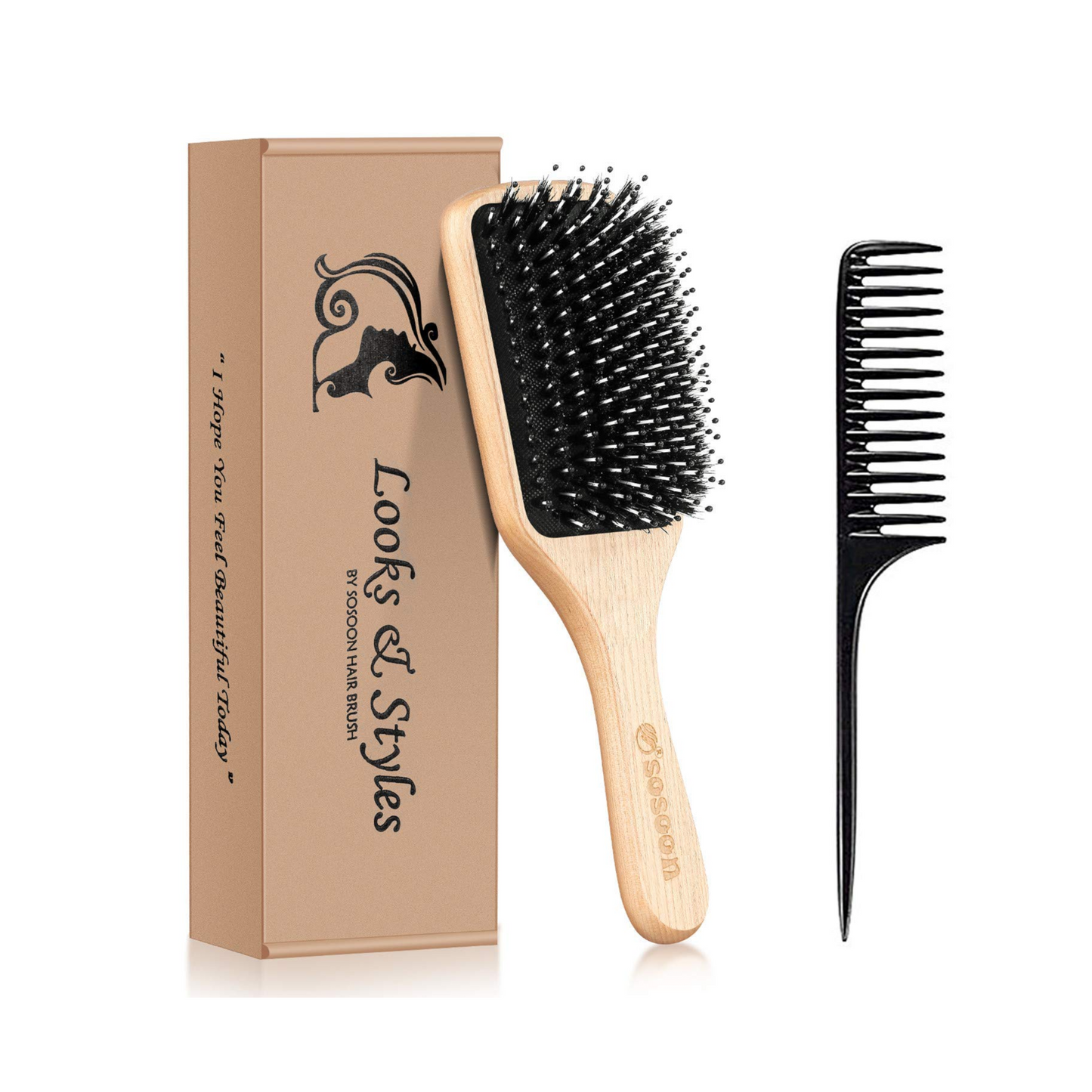 Hair Brush, Sosoon Boar Bristle Paddle Hairbrush for Long Thick Curly Wavy Dry or Damaged Hair, Reducing Hair Breakage and Frizzy No More Tangle, Giftbox & Hair Comb Included