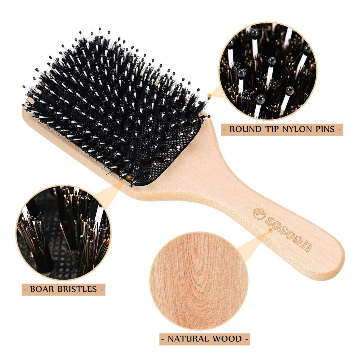 Hair Brush, Sosoon Boar Bristle Paddle Hairbrush for Long Thick Curly Wavy Dry or Damaged Hair, Reducing Hair Breakage and Frizzy No More Tangle, Giftbox & Hair Comb Included