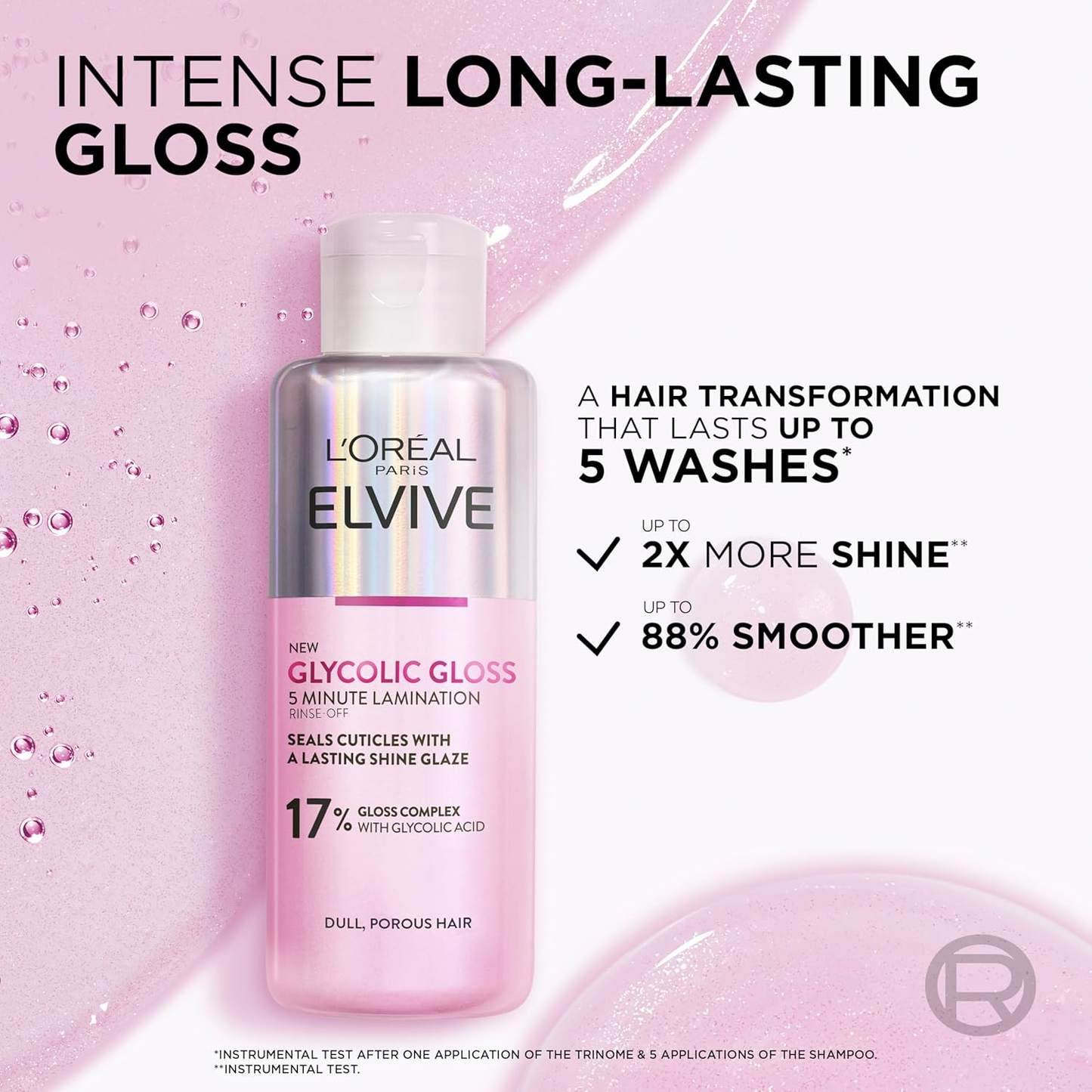 L'Oréal Paris Rinse-Off Treatment For Dull Hair, Elvive Glycolic Gloss 5 Minute Lamination With 17% Gloss Complex, Fills Hair Fibres For Instant Silkiness And Long-Lasting Smooth Shine For Days, 200ml