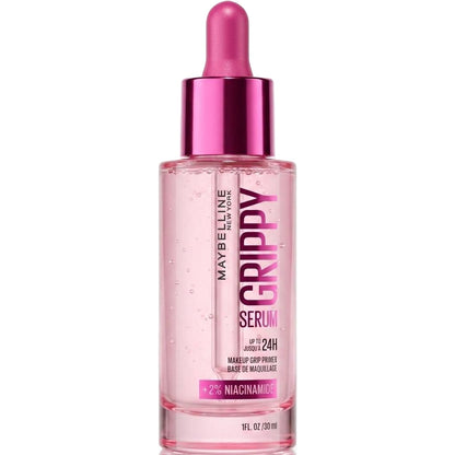 Maybelline Grippyy Serum bottle with pink dropper on a white background