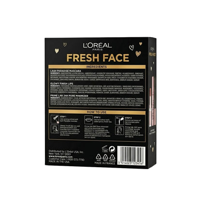 L'Oréal Paris Fresh Face Primer, Lipstick, Prime Labo Mascara Trio Set Prime Labo 24H Pore Minimizer Primer, Lipstick Color Moisturizing Balm 191 Nude Heaven & Lash Paradise Mascara, Enriched with Castor Oil