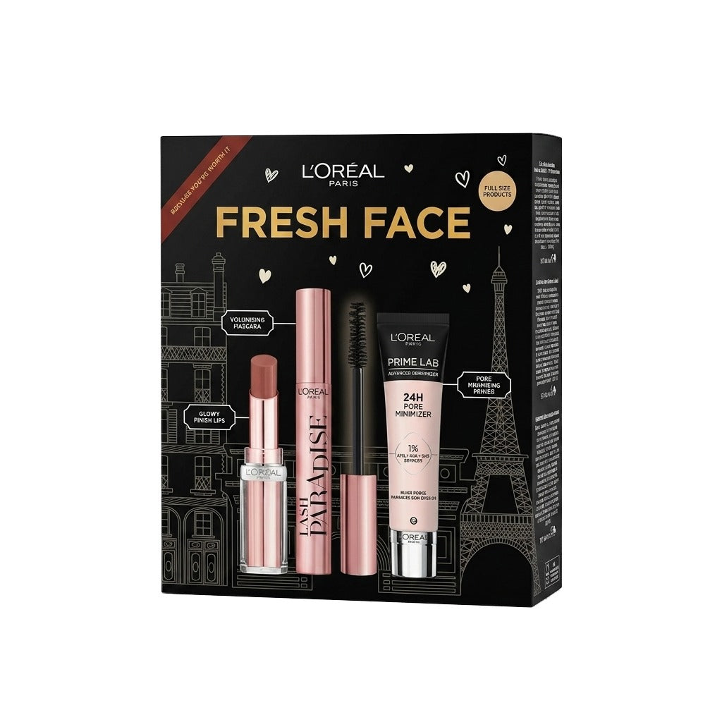 L'Oréal Paris Fresh Face Primer, Lipstick, Prime Labo Mascara Trio Set Prime Labo 24H Pore Minimizer Primer, Lipstick Color Moisturizing Balm 191 Nude Heaven & Lash Paradise Mascara, Enriched with Castor Oil