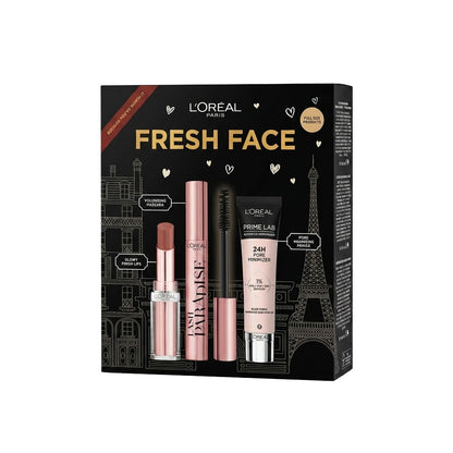 L'Oréal Paris Fresh Face Primer, Lipstick, Prime Labo Mascara Trio Set Prime Labo 24H Pore Minimizer Primer, Lipstick Color Moisturizing Balm 191 Nude Heaven & Lash Paradise Mascara, Enriched with Castor Oil