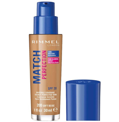 Rimmel Match Perfection Foundation 200 Soft Beige, Medium Coverage, 24hr Hydration,