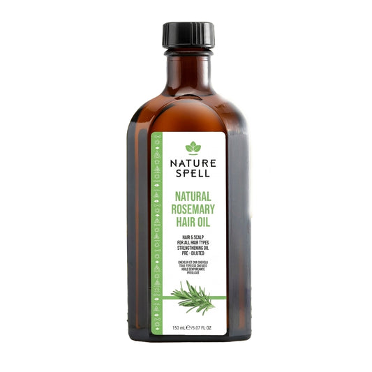 Bottle of Nature Spell Natural Rosemary Hair Oil on a white background