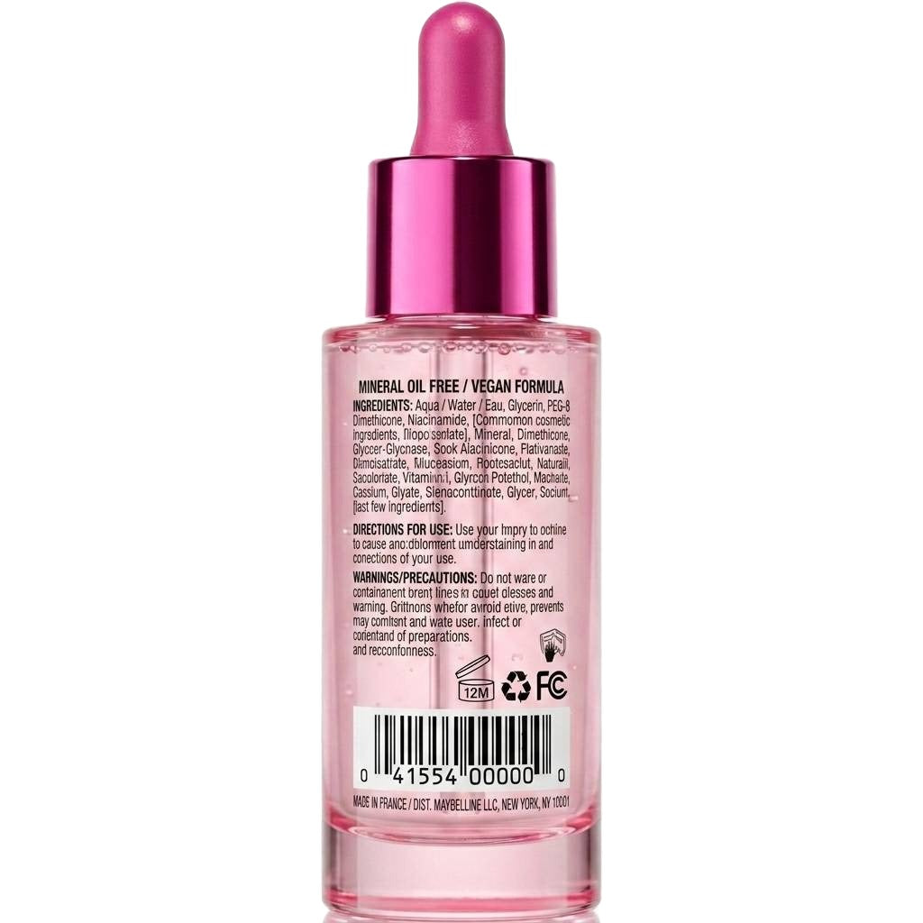 Pink skincare dropper bottle with label on a white background