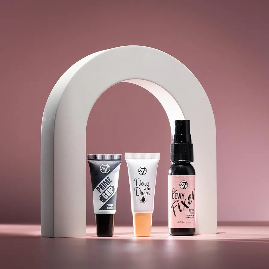 W7 Mini Glow Heroes Gift Set - Travel Size Makeup Minis with Primer, Glow Drops & Setting Spray - Stocking Filler