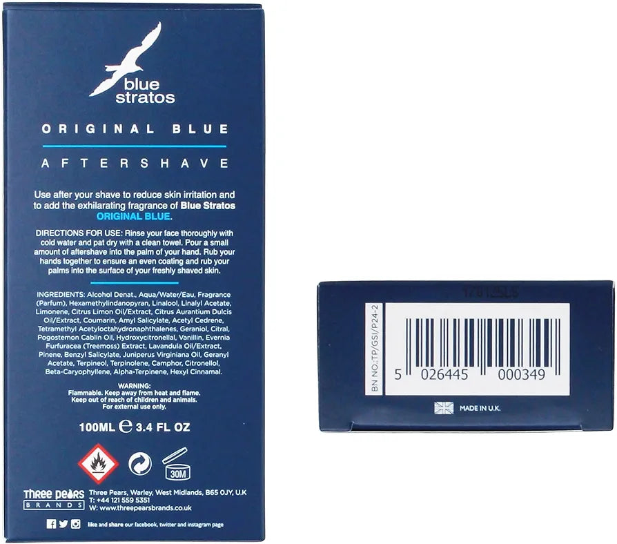 Blue Stratos Aftershave, Original Blue for Men, Bathroom Essential, Mens Aftershave, Classic Scent of Cedarwood, Vanilla, and Musk, 100ml
