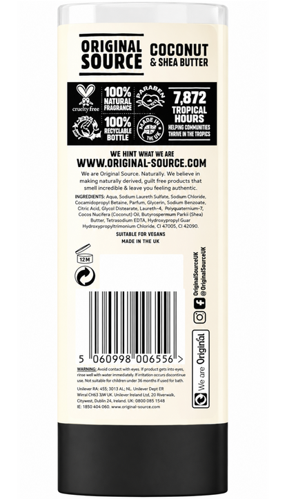 Original Source Coconut and Shea Butter Shower Gel, 100 Percent Natural Fragrance, Vegan, Cruelty Free, Paraben Free, Bulk Buy, Pack of 6 x 500 ml