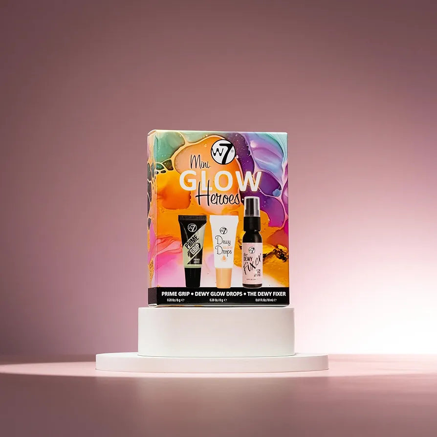 W7 Mini Glow Heroes Gift Set - Travel Size Makeup Minis with Primer, Glow Drops & Setting Spray - Stocking Filler
