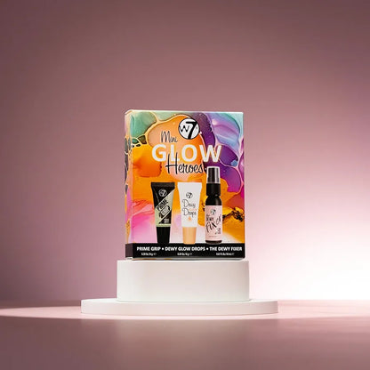 W7 Mini Glow Heroes Gift Set - Travel Size Makeup Minis with Primer, Glow Drops & Setting Spray - Stocking Filler