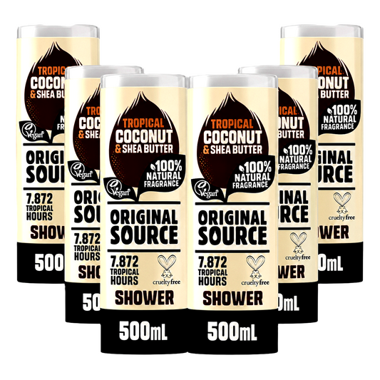 Original Source Coconut and Shea Butter Shower Gel, 100 Percent Natural Fragrance, Vegan, Cruelty Free, Paraben Free, Bulk Buy, Pack of 6 x 500 ml