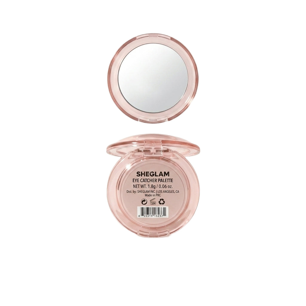 Pink makeup compact with mirror on a white background